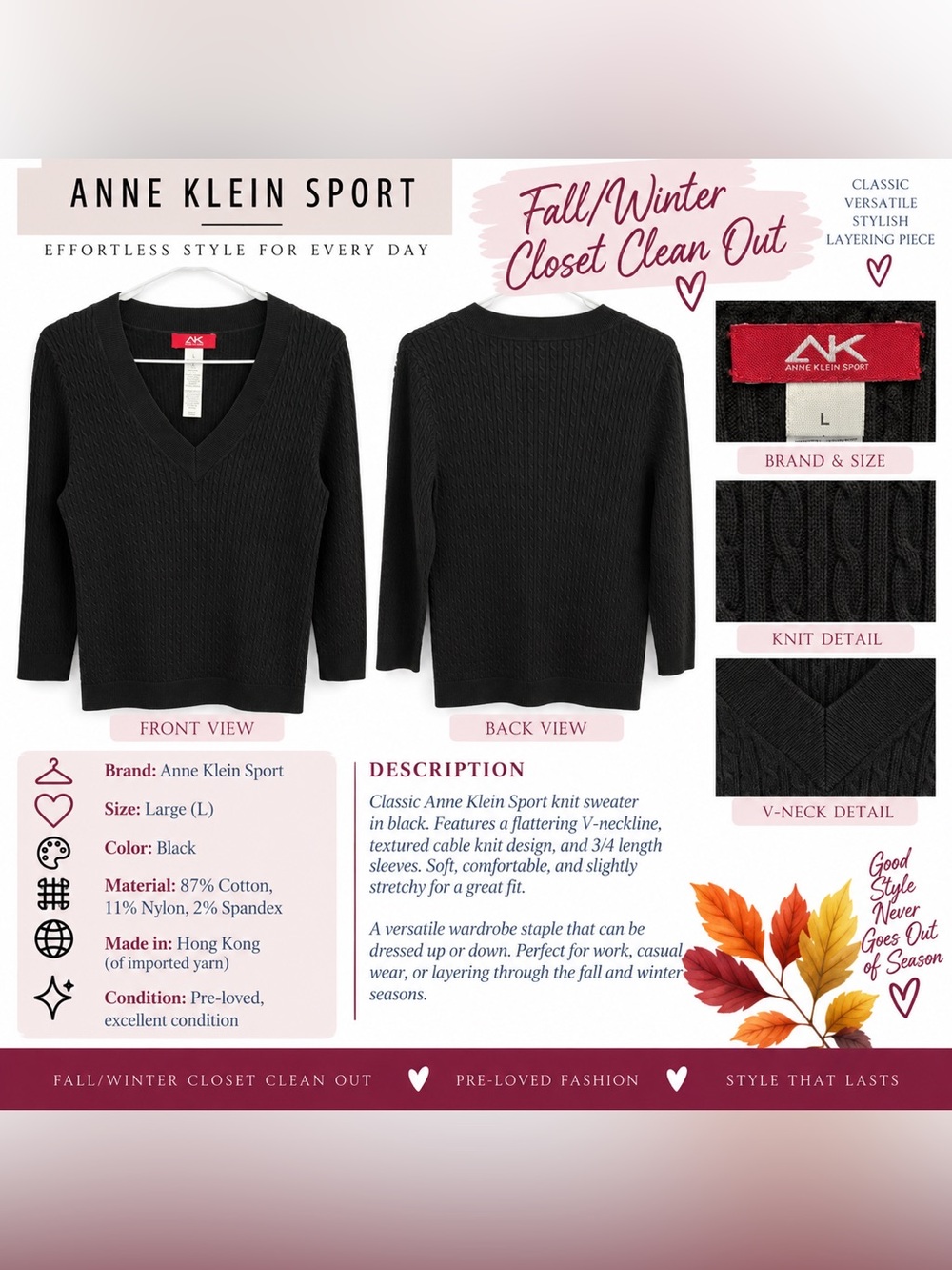 Anne Klein Sport Black V-Neck Cable Knit Sweater - L